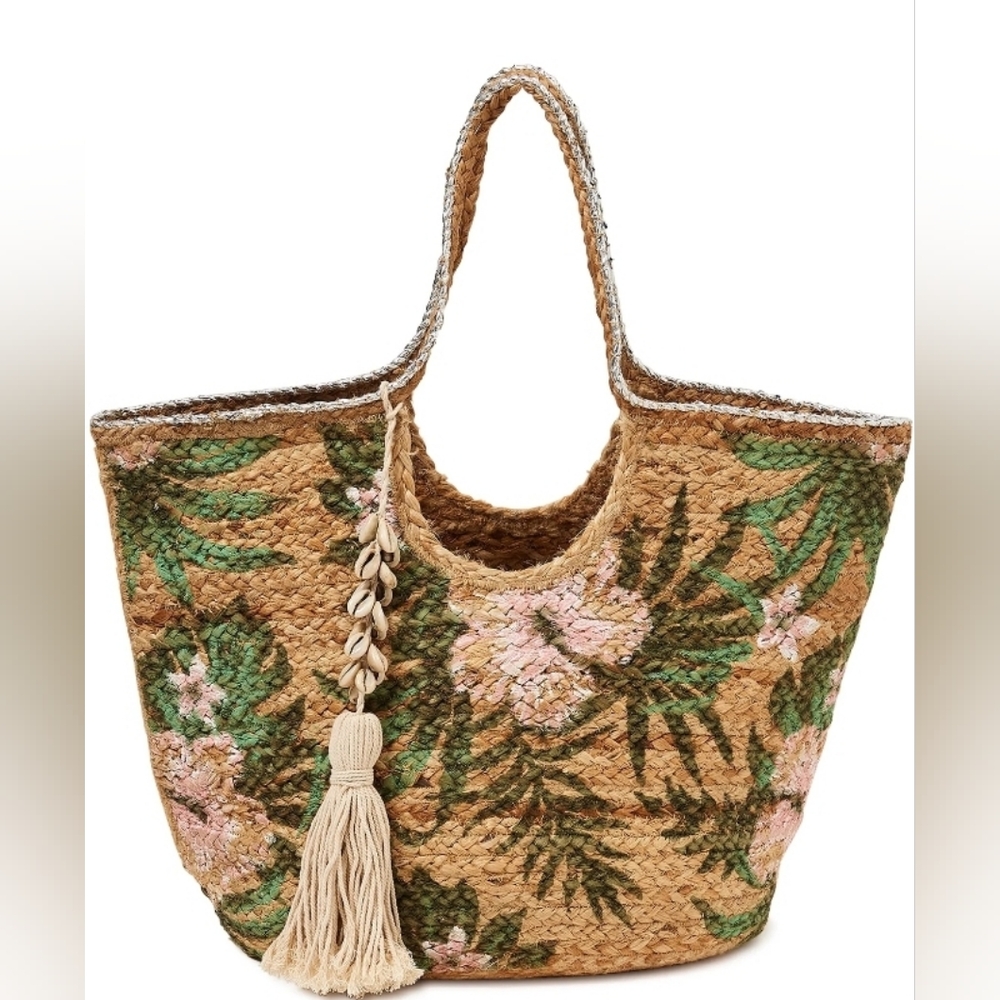 Hymp Jute XL summer Tote Bag Stenciled Tropical Flowers Seashell Tassel Silver